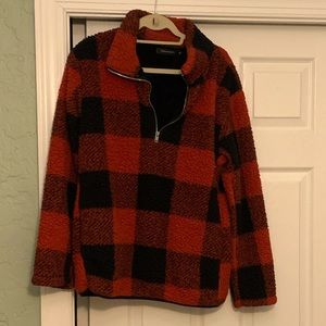 Womens plaid Sherpa fleece pullover zip sweatshirt